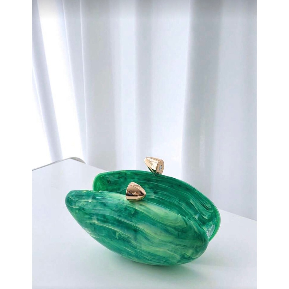 Green Marble Acrylic Clutch Bag Gold Hardware Evening Purse Chain Strap NEW - Picture 4 of 6